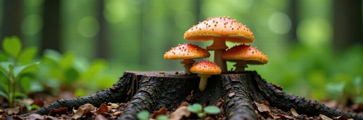 Obraz premium Dry stump with large, colorful mushrooms growing on it, forest, decay