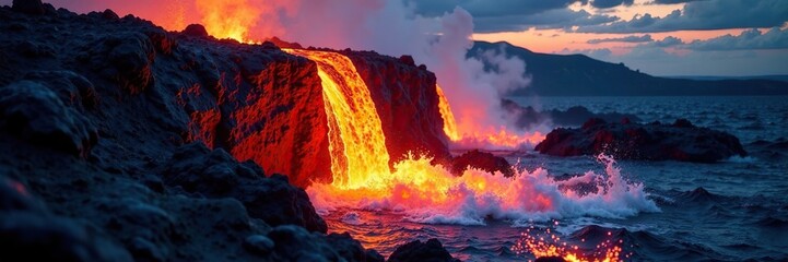 Fototapeta premium molten lava flows down a black volcanic rock cliff, lava, natural wonder