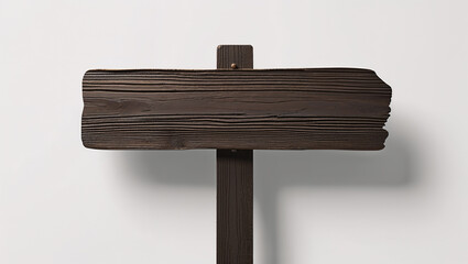 Rustic brown wooden signboard on a post, isolated on white background.