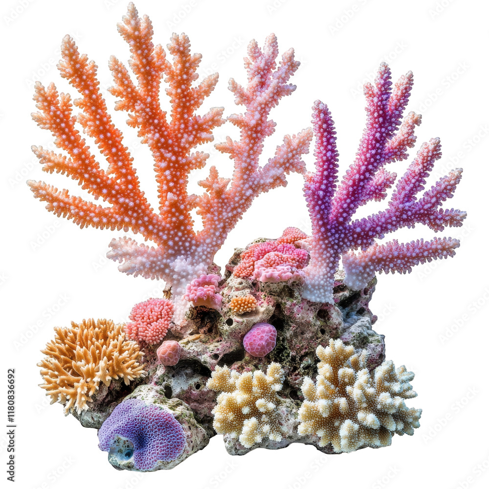 Poster a vibrant display of various coral formations. featuring an array of colors and textures that illust