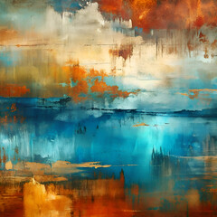 Naklejka premium Abstract Landscape Painting. Sunset Hues and Water Reflections