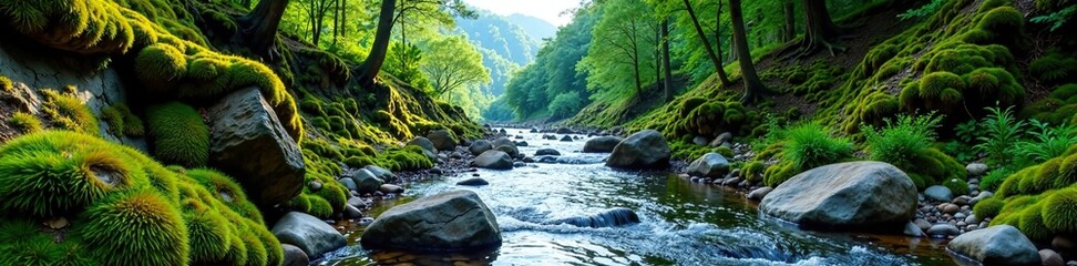 A winding river flows through a valley of moss-covered rocks, terrain, geological, serene