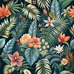 Tropical Floral Pattern. Lush Jungle Leaves and Flowers