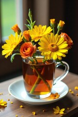 Fototapeta premium Floral arrangement in a glass cup, with calendula tea as the centerpiece, saucer, tea