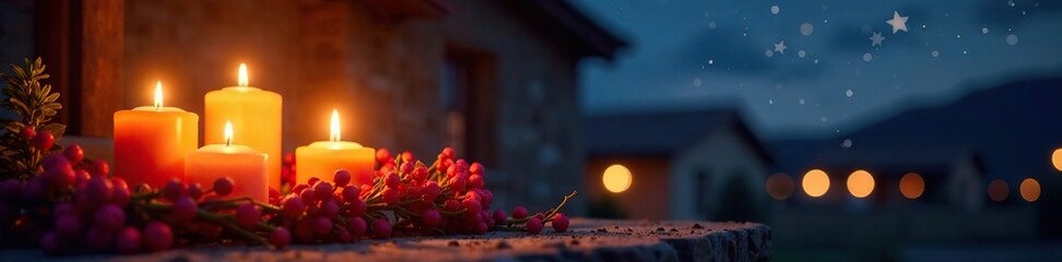 Glowing candles and the Rosca de Reyes at night, nighttime decorations, warm glow, starry sky