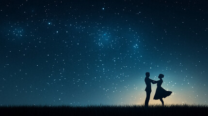 Obraz premium Starry Night Romance: Silhouettes of a couple dancing under a breathtaking starry sky, evoking dreams, love, and serenity. 