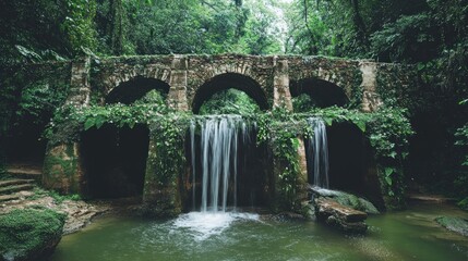 A serene waterfall flows beneath an ancient stone bridge, surrounded by lush greenery.