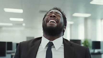 Fototapeta premium Overwhelmed with Joy: A close-up portrait of a black businessman in a suit, his face contorted in a mixture of joy and disbelief. He throws his head back, eyes closed.