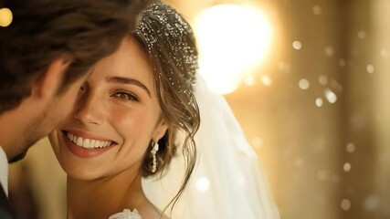Joyful bride and groom sharing an intimate moment under falling lights