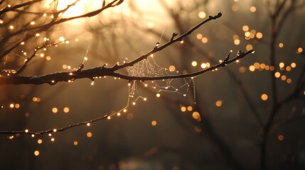 Dew-kissed branches, sunrise bokeh, autumn, nature, website