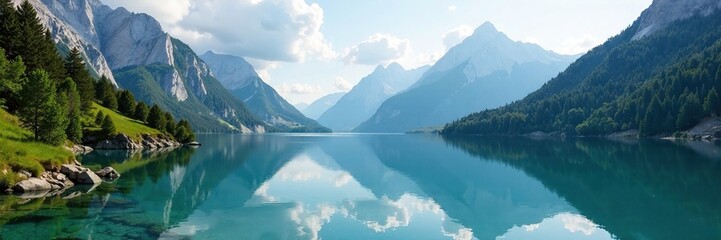Fototapeta premium Mountains and valleys reflected in the calm waters of a mountain lake, waterfall,