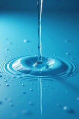 Water drops spreading on flat blue surface forming a small puddle, reflection, puddle