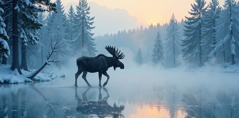 Naklejka premium Moose walks through the dense mist in a frozen lake, yukon, forest, alaska