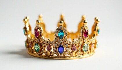 Resplendent golden crown with precious gems on a pure white canvas, Luxe, Shine, Regal