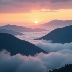 Obraz premium Soothing fog enveloping a mountain range at sunrise, hills, sunrise