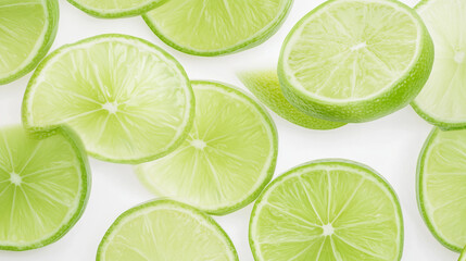 Lime Slices: Freshly cut lime slices in a vibrant green hue, arranged for a refreshing, vibrant, and citrusy visual. perfect for branding and marketing materials.