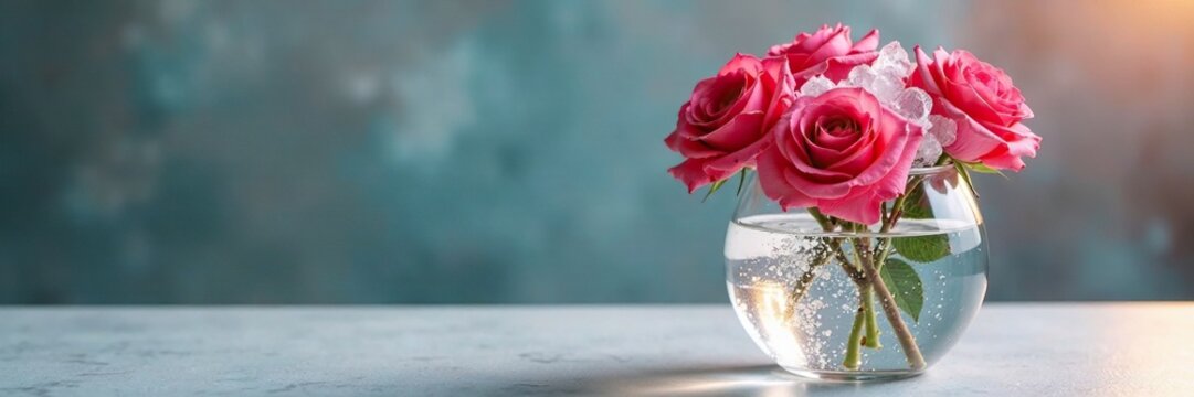 Un vaso lleno de rosas con agua y hielo en un fondo de cer?mica, vasos, aguas frescas, ceramica