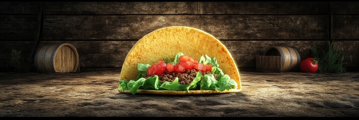 A taco filled with lettuce and tomatoes, set against a rustic wooden background.