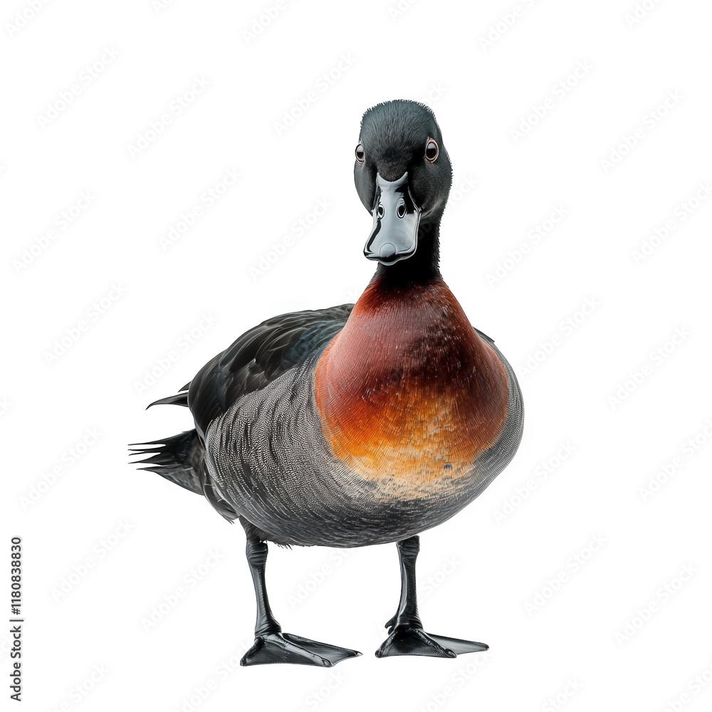 Poster close-up of a duck with a distinctive dark body and a striking reddish-brown neck the background is 