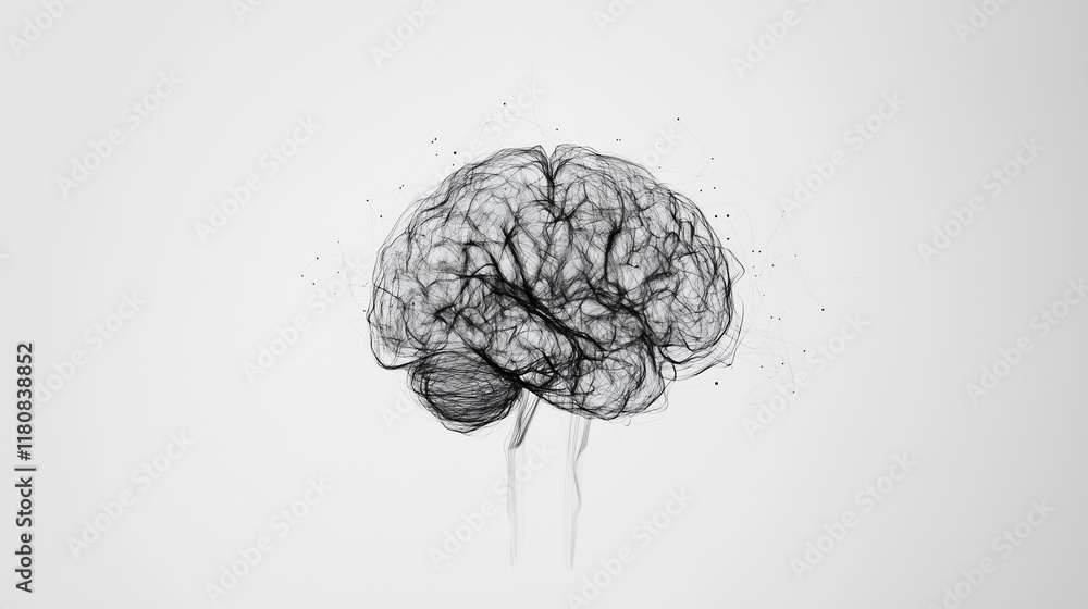 Poster abstract brain: a mesmerizing grayscale illustration of the human brain, rendered in delicate lines 