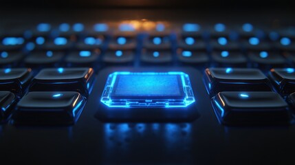 Futuristic keyboard button glow; digital, technology, interface