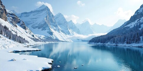 Snowy peaks overlooking a frozen lake with icy shores, icy, nature, lake