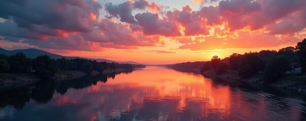 Warm orange hues spread across river horizon at dusk, landscape, sky, clouds