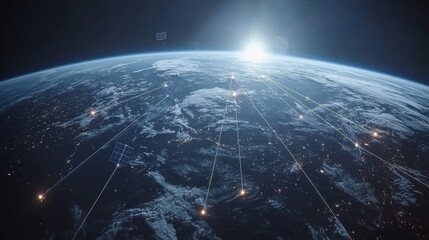 Connecting wireless beams as glowing streaks transmit data over standard networks in space technology landscape futuristic viewpoint