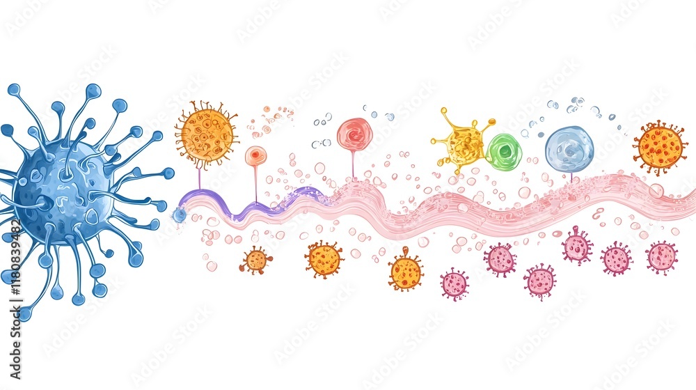 Poster conceptual diagram illustrating the lifecycle of a virus from entry to replication and exit in a