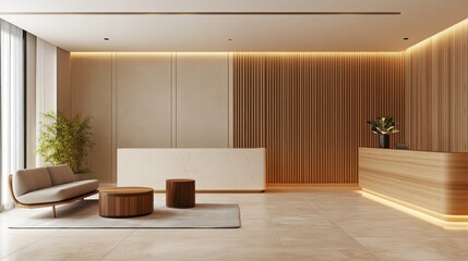 Office with acoustic ceiling panels, soundproofing elements, and warm lighting, 