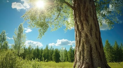 Obraz premium A majestic tree stands in a sunny landscape, surrounded by greenery and blue skies.