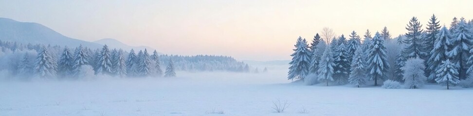 Naklejka premium Misty morning fog lifts to reveal snow-dusted pine trees in a serene winter landscape, mist, cold, winter