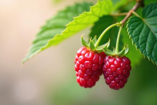 Fresh green raspberries hanging from a branch, green plants, raspberry, flora