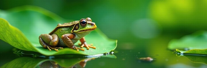 Frog resting on a green leafy aquatic plant near the water surface, peaceful, frog