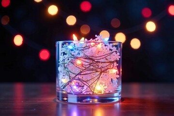 Glass pedestal base adorned with white and multicolored fairy lights, decorative, Fairy lights, shimmering