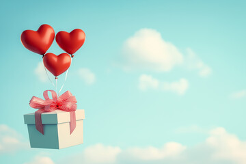 Gift boxes with heart balloon floating it the sky.