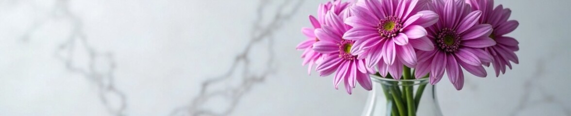 Purple chrysanthemum flowers on a marble table, vase, fresh