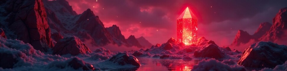Red crystal tool shining brightly amidst the void, appearing as an oasis, bright, serenity