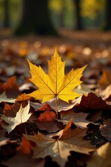 A lone yellow maple leaf on a bed of dry leaves on the forest ground, ground, autumn colors
