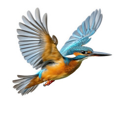 Obraz premium a vibrant kingfisher in mid-flight. showcasing its striking blue and orange plumage against a clean white background the bird's wings are spread wide. emphasizing its grace and agility. making it a ca