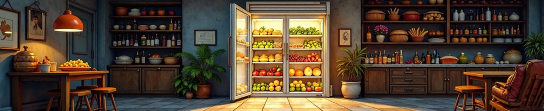 Addome enorme si aprono la porta del frigo in uno stile comico, formaggio, pasta, pane