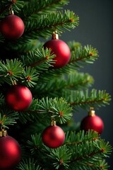 Obraz premium Red and gold ornaments on a fir Christmas tree, vintage, christmas