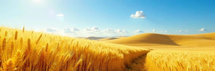 Obraz premium Rolling hills of golden wheat stretch towards the horizon under a bright blue sky, blue sky, serene, farm