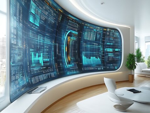 Futuristic office with large curved screen displaying data.