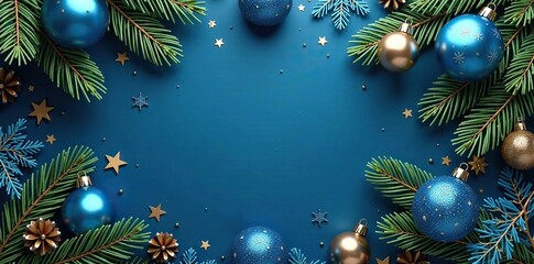 Blue and gold holiday decorations with pine branches, pine, blue, winter