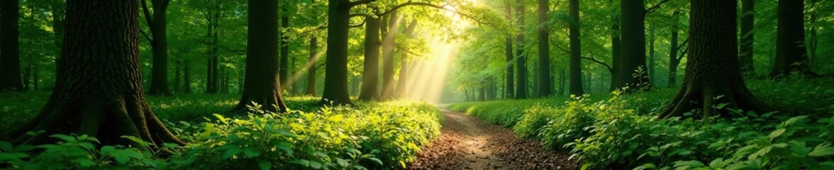 Forest floor illuminated by sunlight filtering through dense foliage, sun, green, path