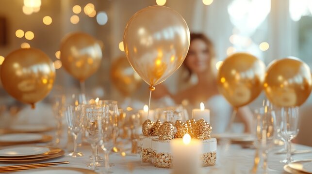 Golden balloons, elegant dinner, blurred bride, festive lights