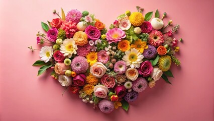 A vibrant floral heart arrangement of colorful blossoms on a pink background