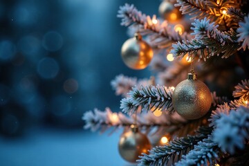 Shimmering tree branches adorned with glittering ornaments and ethereal lights, frosty, tree branches, sparkling