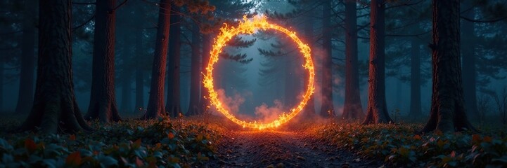 A ring of fire surrounding a dark, mystical forest, eerie, dark
